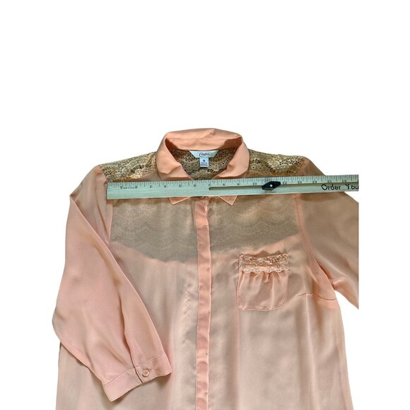 Candie's Shirt Womens Medium Peach Sheer Lace Button Up 3/4 Sleeve Blouse Top - Picture 6 of 8